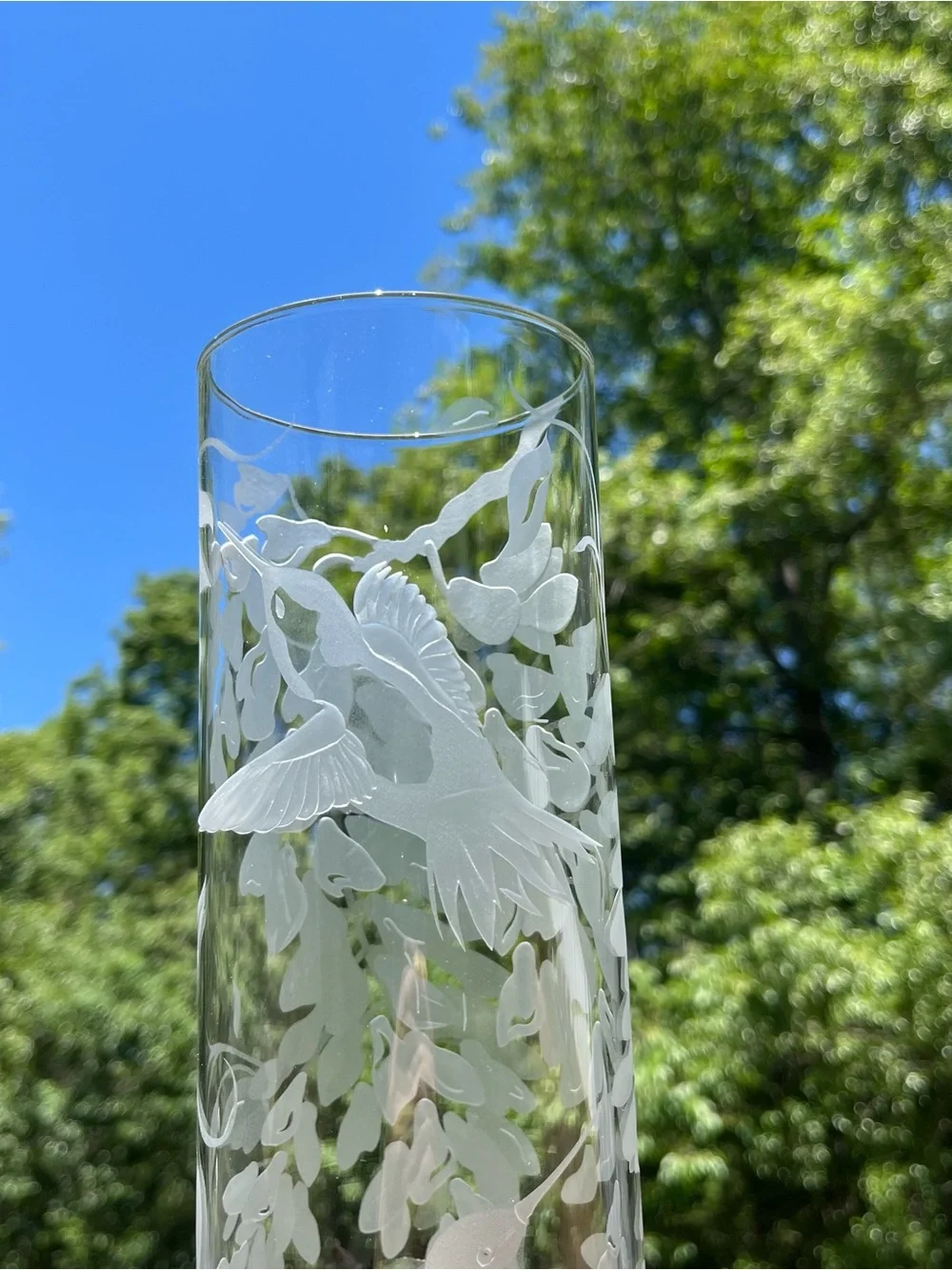 Etched Hummingbird Cylinder Glass Vase w/ Matching Wine Glass - Picture 5 of 15